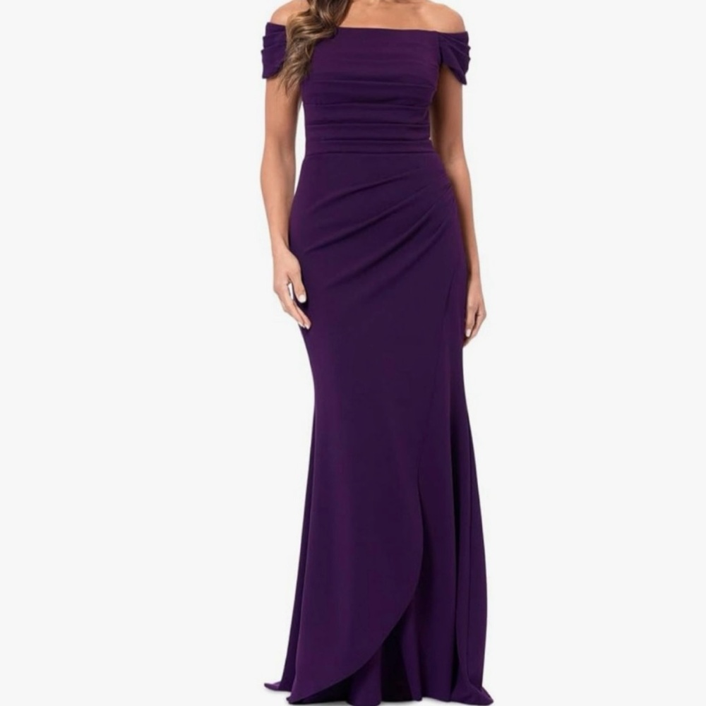 Xscape Dani Long Scuba Crepe Off The Shoulder Rouched Dress In Plum